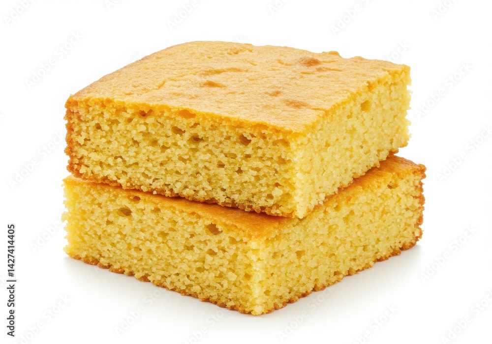 Two pieces of cornbread stacked on a white surface Two pieces of cornbread stacked on a white surface