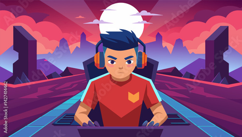 Sweat beads on the brow of a young gamer as he skillfully maneuvers his character through a treacherous virtual landscape trying to secure a spot in. Vector illustration