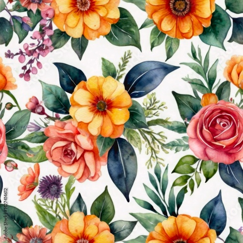 Watercolor Colorful Flower Seamless Pattern on White Background