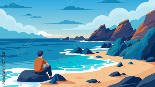 A rocky beach with crashing waves where a person sits quietly taking in the vastness of the ocean and finding comfort in its constancy.. Vector illustration