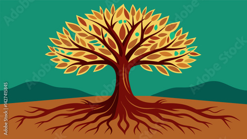 A tree with strong deep roots representing the Stoic virtue of fortitude and how it helps individuals stay grounded and resolute in the face of. Vector illustration