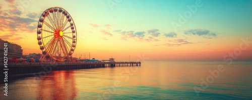 A large Ferris wheel is in the foreground of a beautiful ocean view. The sky is a mix of orange and blue, creating a serene and peaceful atmosphere. The water is calm, reflecting the colors of the sky