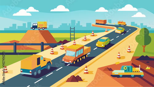 Road construction nearby creating new lanes and rerouting traffic to accommodate the upcoming transportation hub.. Vector illustration