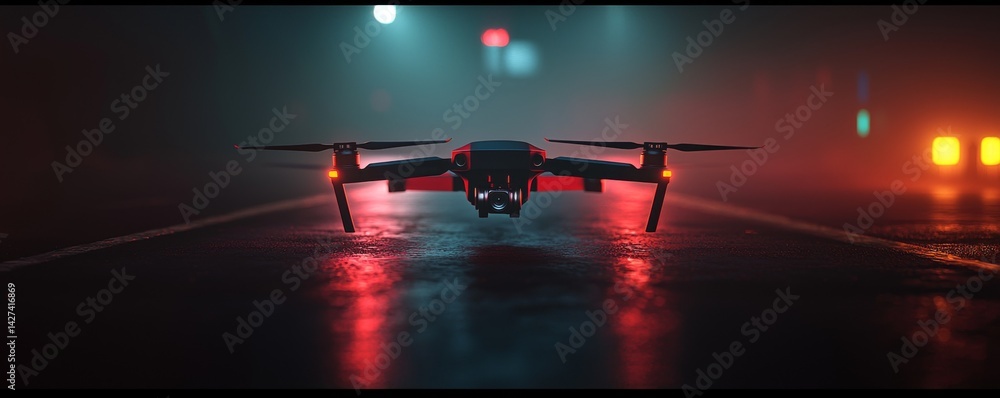 Naklejka premium A sleek drone captured on a reflective street in moody lighting.