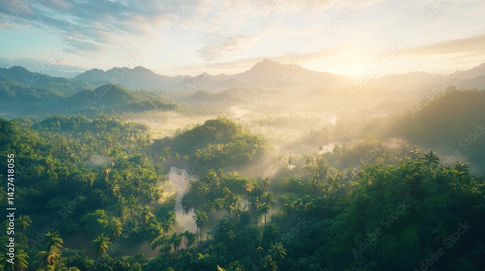 Lush tropical landscape bathed in golden morning light. Lush tropical landscape bathed in golden morning light.