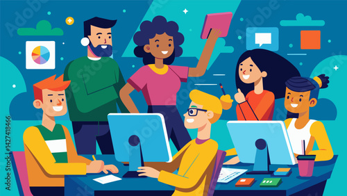 A group of students in a digital art class eagerly following along with their instructor amazed by the endless potential of their digital mediums.. Vector illustration