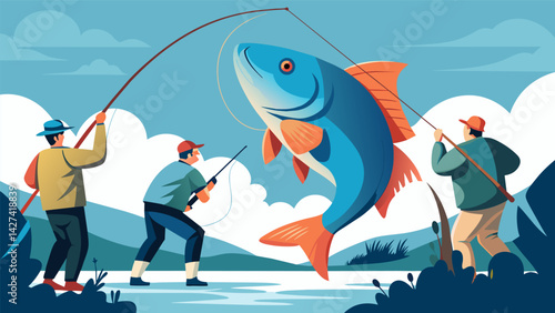 A team of anglers reel in a large barramundi while competing in a local fishing derby.. Vector illustration