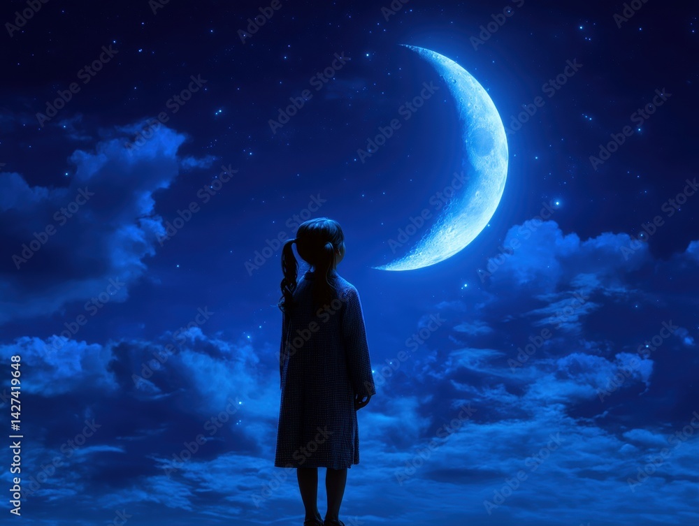 Obraz premium A silhouette of a girl gazes at a large, luminous moon under a starry night sky, creating a serene and dreamlike atmosphere.