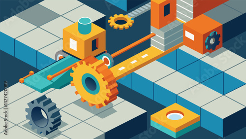 Specialized machinery is used to create uniform edges and smooth surfaces on the tiles.. Vector illustration