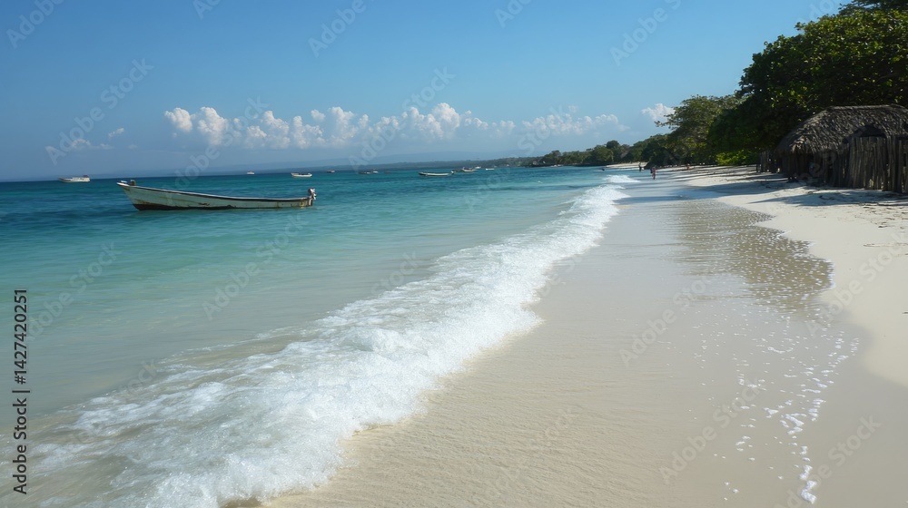 Fototapeta premium Serene Caribbean Beachscape: Boat, Turquoise Waters, and White Sands