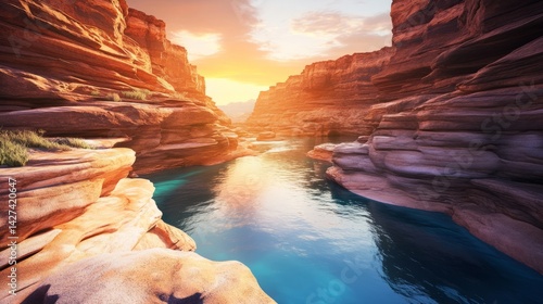 3D illustration of a magical desert oasis, a small river in the middle with t...