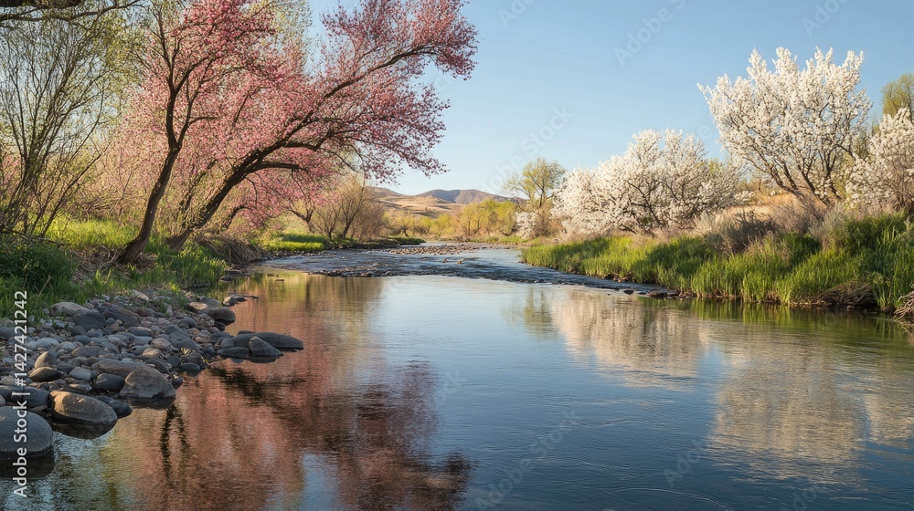 Obraz premium Tranquil Spring River Scene with Blossoming Trees