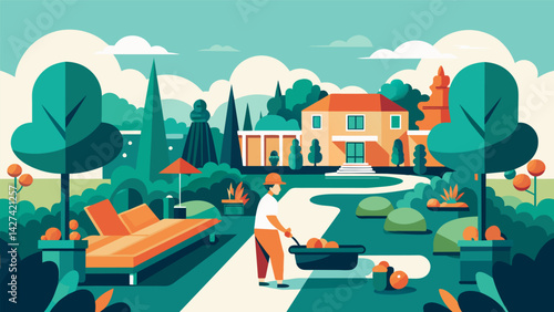 The intricate process of laying out and arranging the hotels lush and stylish landscaping creating a serene and inviting environment for guests to. Vector illustration