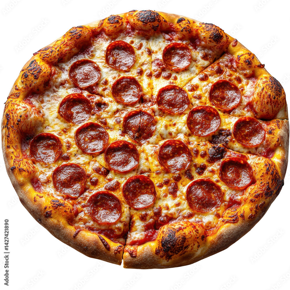 Delicious pepperoni pizza image for food blog or restaurant menu with crispy crust and melted cheese topping on transparent background Delicious pepperoni pizza image for food blog or restaurant menu with crispy crust and melted cheese topping on transparent background