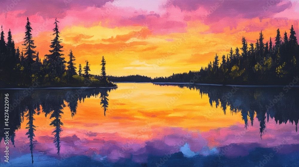 Vibrant Sunset over Serene Lake and Majestic Pines