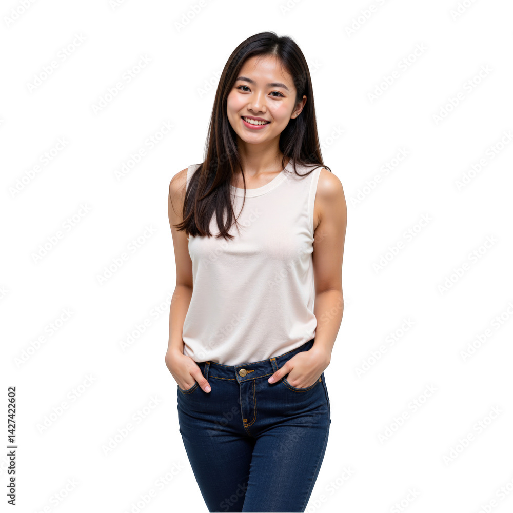 Obraz premium Young Asian Female Standing Confidently in Casual Attire Against a Solid Black Background, Smiling with Hands in Pockets, Capturing a Moment of Joy and Approachability