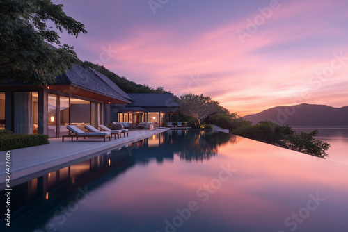 Luxury villa with infinity pool at sunset overlooking mountains and lake