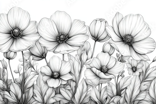 Realistic detailed black and white flower drawing botanical illustration