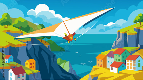 A hang glider navigates through a narrow cove lined with colorful seaside homes all while taking in the stunning coastal scenery.. Vector illustration