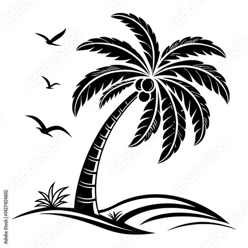 Minimalist Palm Tree Silhouette Vector – Tropical Beach Icon in Black and White
