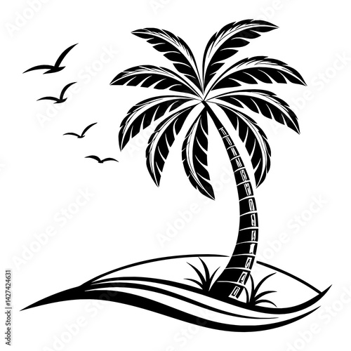 Minimalist Palm Tree Silhouette Vector – Tropical Beach Icon in Black and White