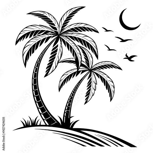 Minimalist Palm Tree Silhouette Vector – Tropical Beach Icon in Black and White