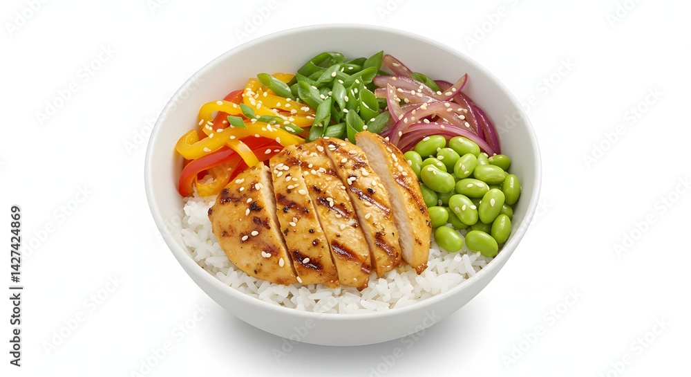 A bowl of rice topped with grilled chicken, bell peppers, edamame, and red onions on a white background A bowl of rice topped with grilled chicken, bell peppers, edamame, and red onions on a white background