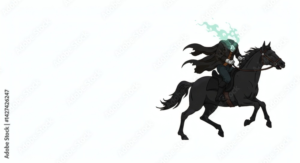 Naklejka premium Illustration of a headless horseman riding a black horse with green flames on a white background