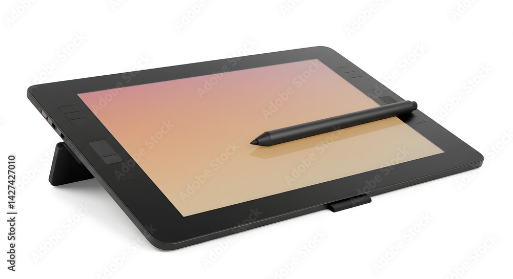 Close up of a black drawing tablet with a stylus resting on the screen on a white background Close up of a black drawing tablet with a stylus resting on the screen on a white background