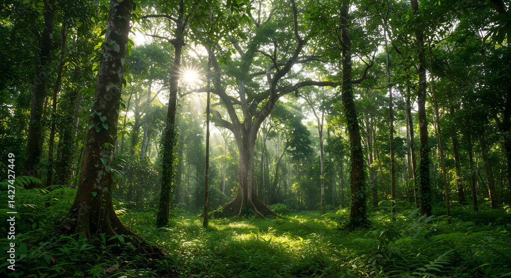Naklejka premium Sunlight Shining Through Forest Trees in Green Nature Landscape Scene