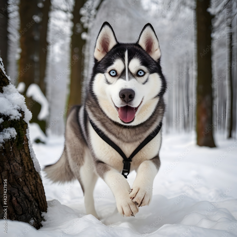 Potrait of cute husky Dog running in the snowy forest while winter AI Generated Image Potrait of cute husky Dog running in the snowy forest while winter AI Generated Image