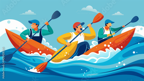 Paddles dipped and splashed in unison as determined kayakers fought against the strong current pushing themselves to the limit in the open water race.. Vector illustration