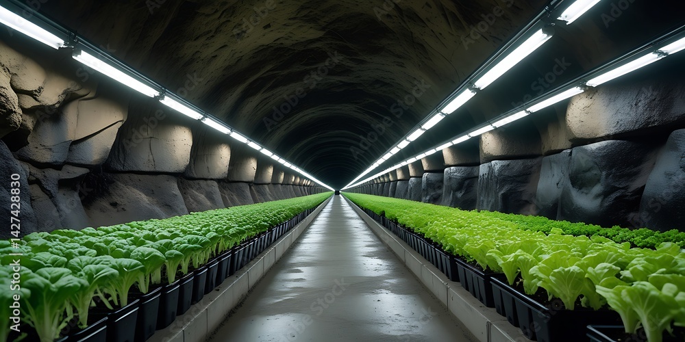 Obraz premium Underground hydroponic farm tunnel with rows of lush green plants under artificial lighting, showcasing futuristic agriculture and sustainable food production