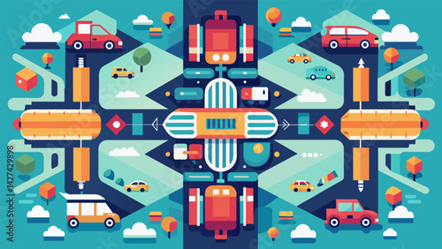 Beautiful symmetry is observed in the organization and layout of the site with different vehicles and structures aligning perfectly.. Vector illustration