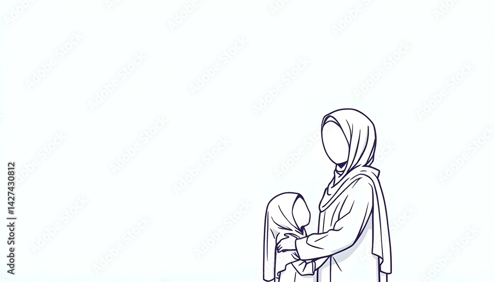 A mother and daughter wearing long hijabs, without facial, holding hands. A mother and daughter wearing long hijabs, without facial, holding hands.