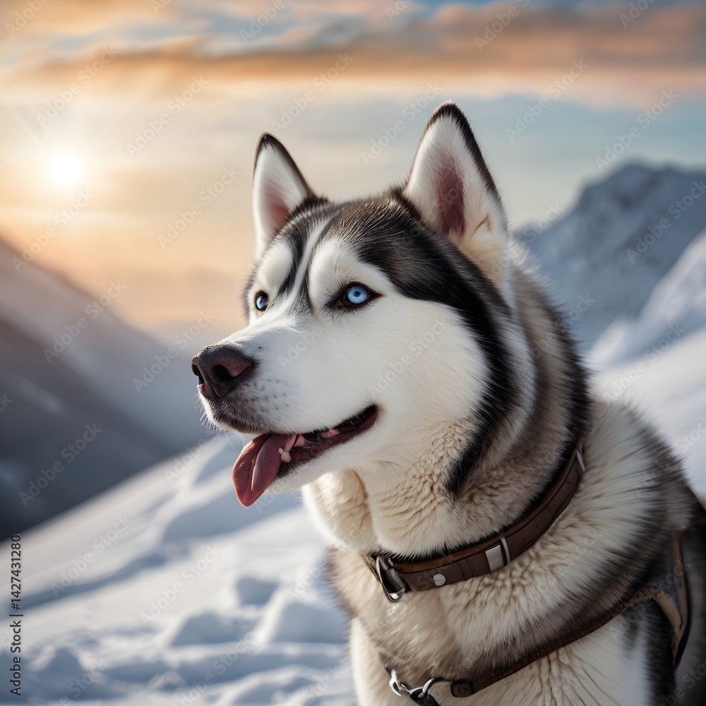Potrait of side face of husky Dog having photo session in the top of a snowy mountain AI Generated Image Potrait of side face of husky Dog having photo session in the top of a snowy mountain AI Generated Image