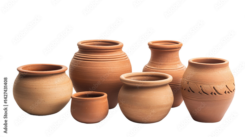 Pack of Clay Pots in Various Shapes Isolated on white and transparent background Pack of Clay Pots in Various Shapes Isolated on white and transparent background