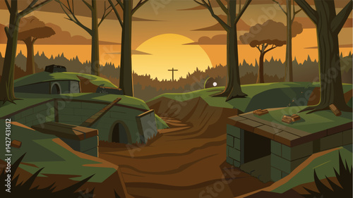 Bunkers and trenches constructed from fallen branches and dirt provide cover for the airsoft teams as they engage in a realistic combat simulation in. Vector illustration