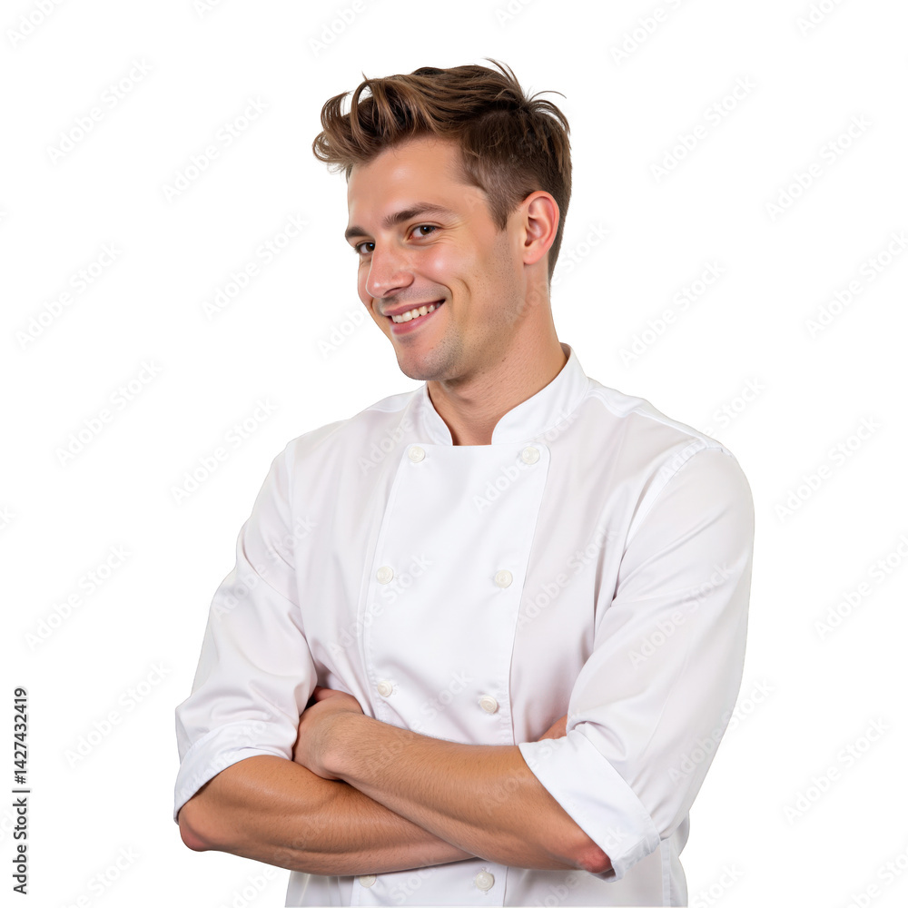 Smiling Male Chef in White Uniform with Arms Crossed Against Black Background Displaying Confidence and Professionalism Smiling Male Chef in White Uniform with Arms Crossed Against Black Background Displaying Confidence and Professionalism