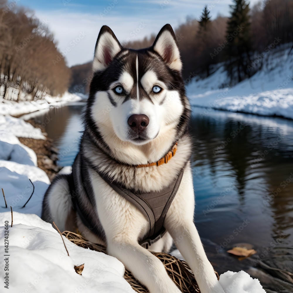 Naklejka premium Potrait of menance husky Dog having photo session near river, with forest in winter season background AI Generated Image