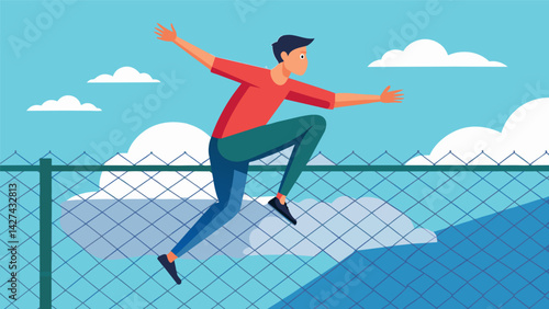 A parkour athlete effortlessly scaling a tall chainlink fence their movements precise and effortless.. Vector illustration