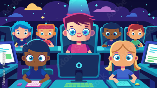 A room full of brighteyed children their faces illuminated by the glow of computer screens as they demonstrate their coding skills to curious. Vector illustration