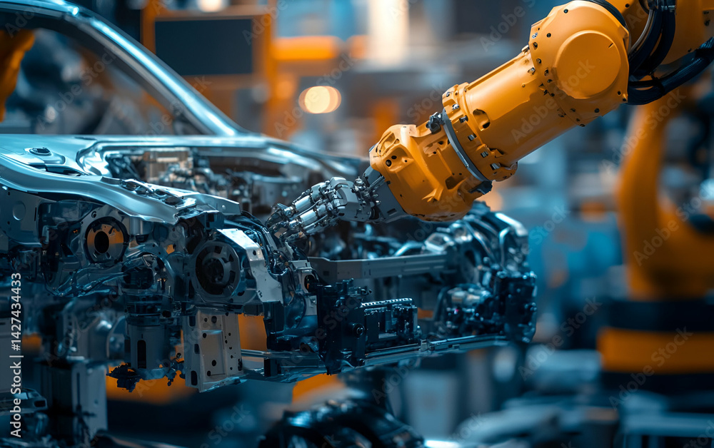 A robotic arm working on the assembly of a car in a modern industrial facility. A robotic arm working on the assembly of a car in a modern industrial facility.