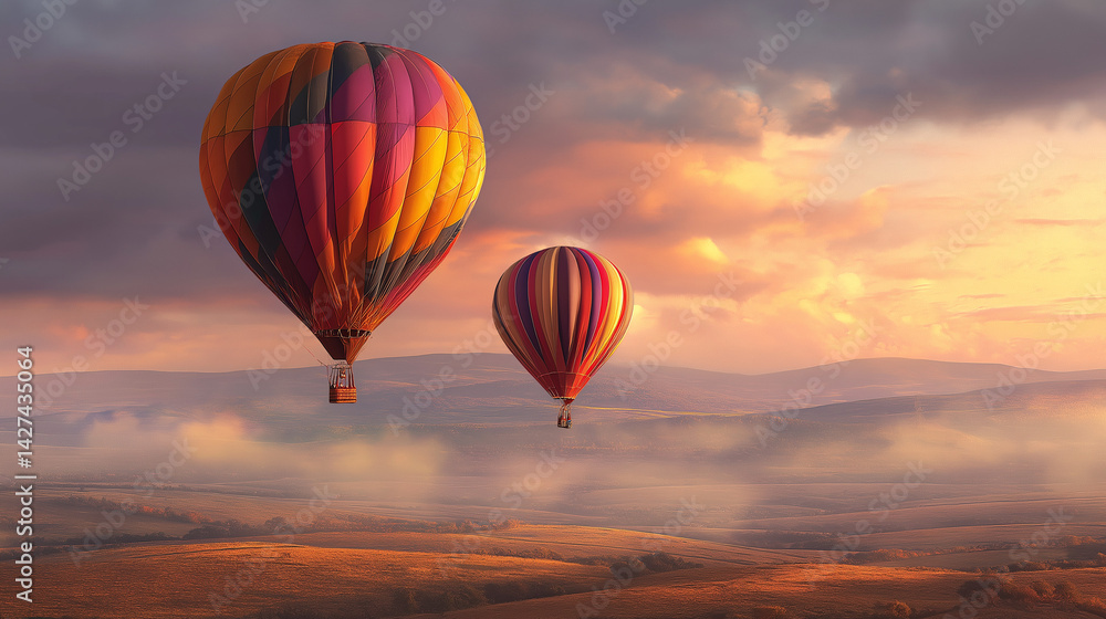 Obraz premium Hot air balloons drifting above sunrise landscape create aerial vistas perfect for travel photography inspiration