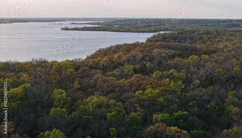 Aerial Drone Wide Angle Golden Hour Views of Hillsdale Lake from Above in Early Spring in Rural Miami County Kansas