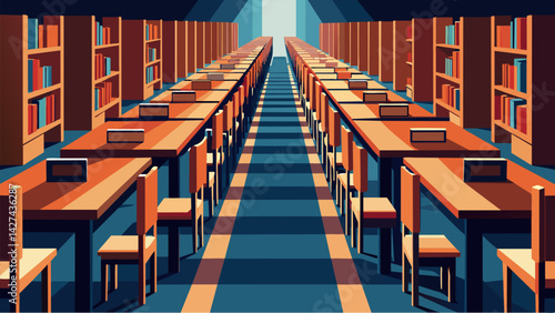 Long wooden tables with rows of chairs tucked under providing a quiet space for contemplation and study within the Library of Stoic Works.. Vector illustration