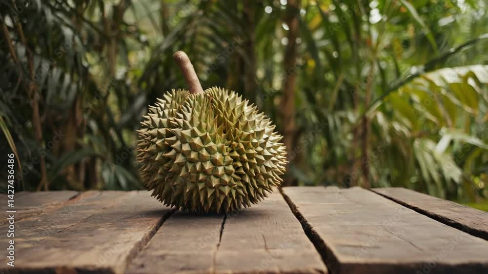 Close up of durian fruit with sharp spines, tropical plant background sitting on weathered wooden planks in a natural setting Close up of durian fruit with sharp spines, tropical plant background sitting on weathered wooden planks in a natural setting