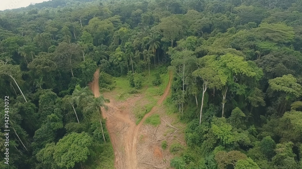 Aerial view of a rainforest clearing with a dirt road. Aerial view of a rainforest clearing with a dirt road.