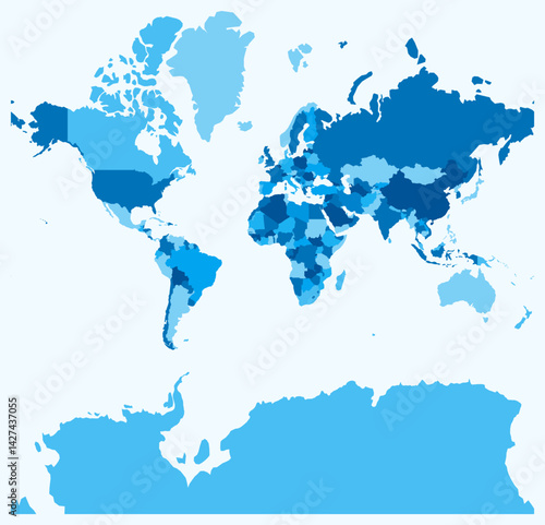 Map of the World. Just a simple border map with country division. Light blue color palette. Plain map with administrative division. Vector illustration.