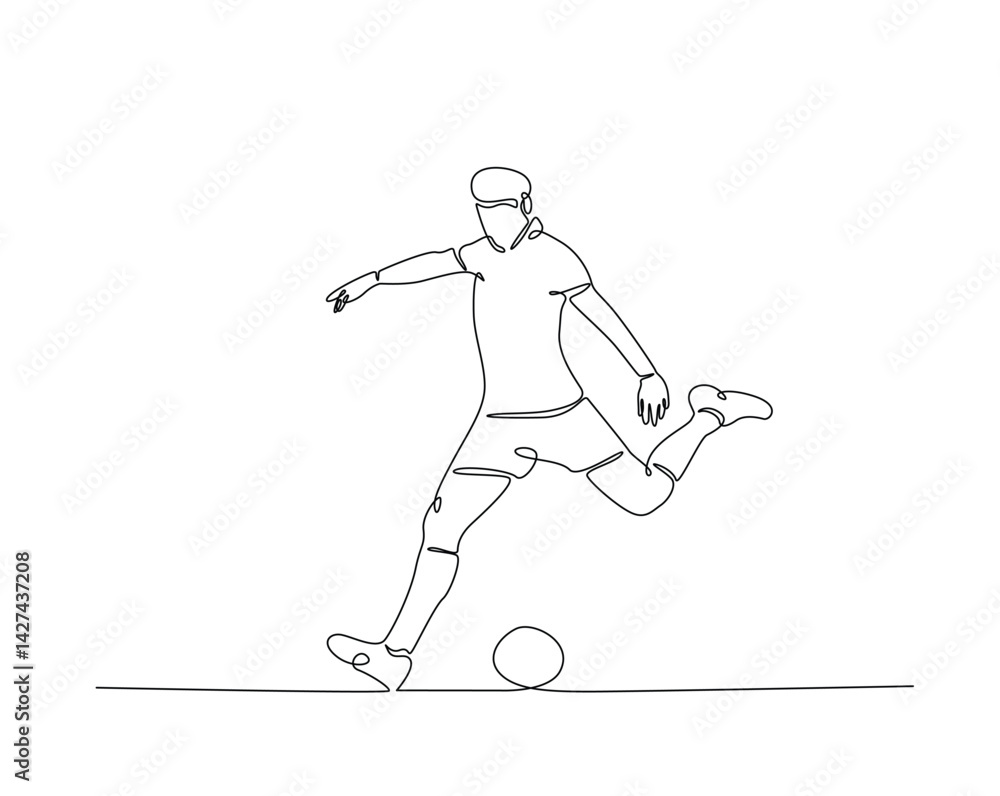 Football player kick the ball outline drawing illustration. one continuous line drawing of soccer player. Football player kick the ball outline drawing illustration. one continuous line drawing of soccer player.